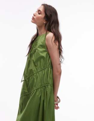 Topshop Poplin Ruched Channel Midi Dress In Green
