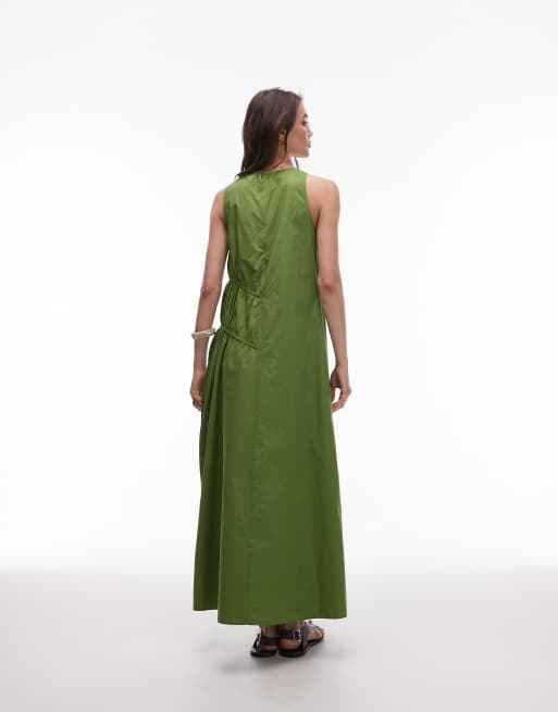 Topshop poplin ruched channel midi dress in green, 4 of 4