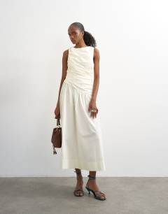 Poplin ruched full skirt maxi dress in ivory