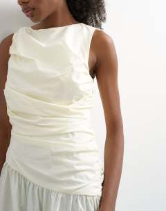 Model wearing Poplin ruched full skirt maxi dress in ivory