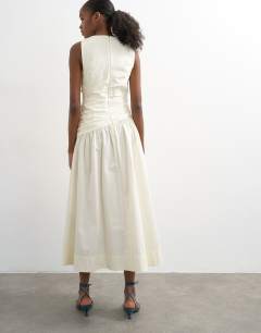 Model wearing Poplin ruched full skirt maxi dress in ivory
