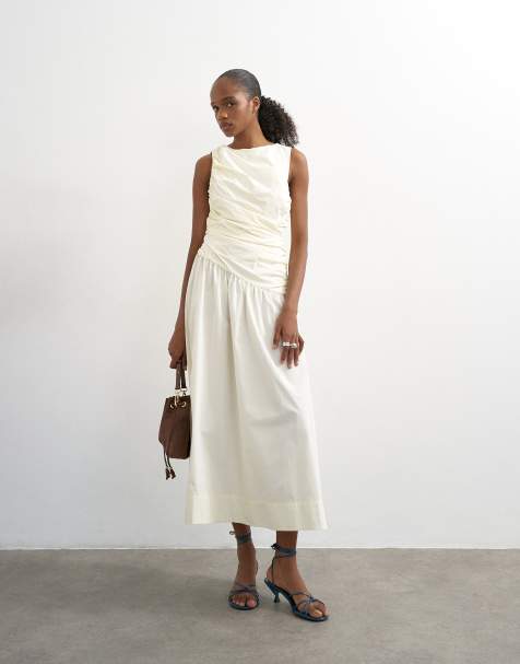 Topshop poplin ruched full skirted maxi dress in ivory - view 1