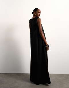 Model wearing Poplin ruched neck maxi sundress in black
