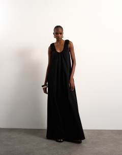 Model wearing Poplin ruched neck maxi sundress in black