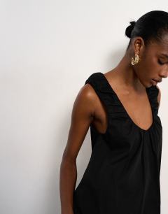 Model wearing Poplin ruched neck maxi sundress in black