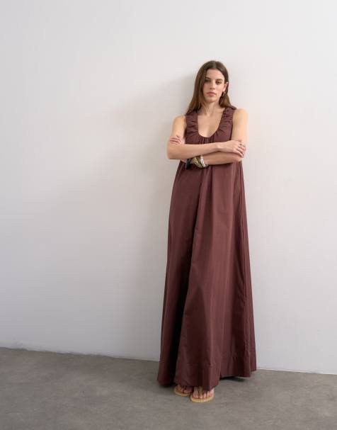 Topshop poplin ruched neck maxi sundress in chocolate - view 1