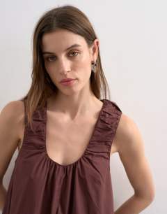 Model wearing Poplin ruched neck maxi sundress in chocolate