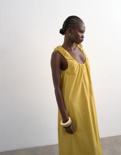 Model wearing Poplin ruched neck maxi sundress in ochre
