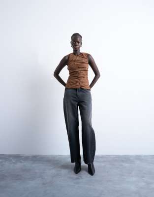 Topshop Poplin Ruched Shell Top In Brown