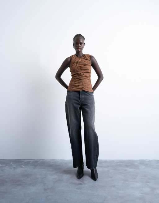 Topshop poplin ruched shell top in chocolate, 2 of 4
