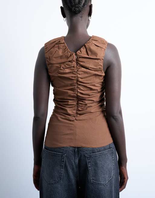 Topshop poplin ruched shell top in chocolate, 4 of 4