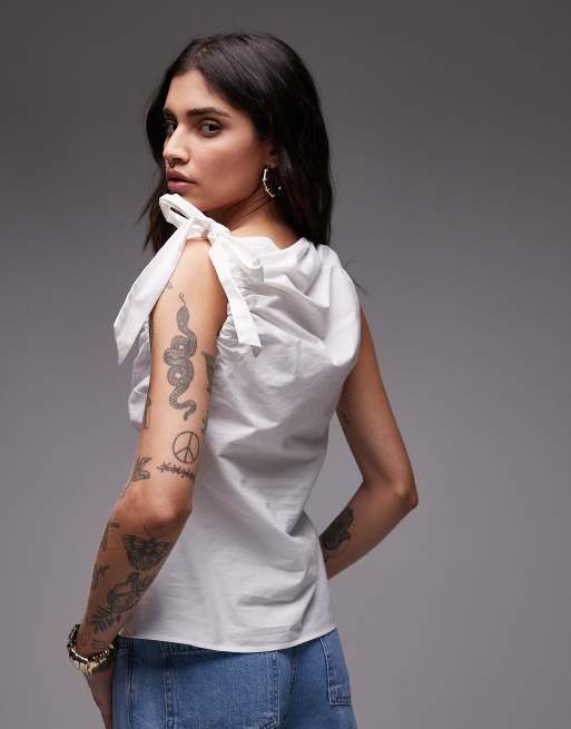 Topshop poplin ruched shoulder sleeveless top in ivory, 2 of 4