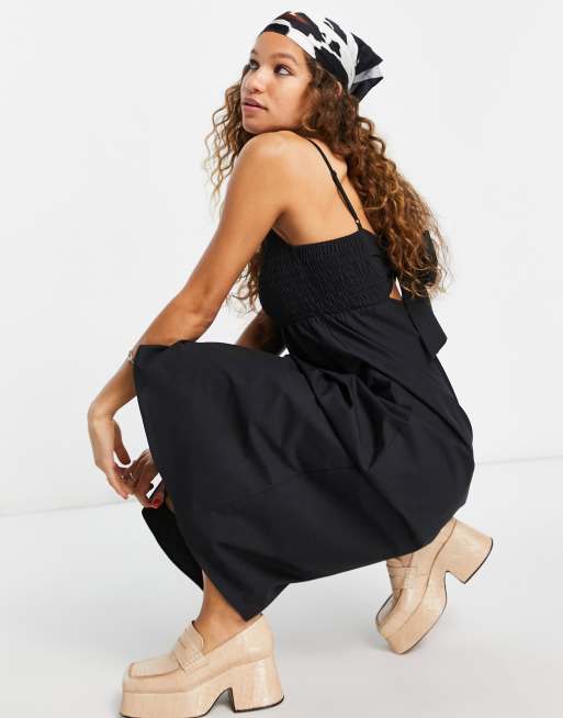 Topshop poplin shirred strappy midi dress in black ASOS