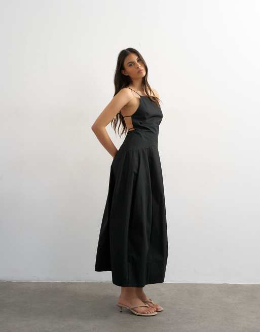 Topshop poplin square neck open back barrel midi sundress in black, 2 of 4