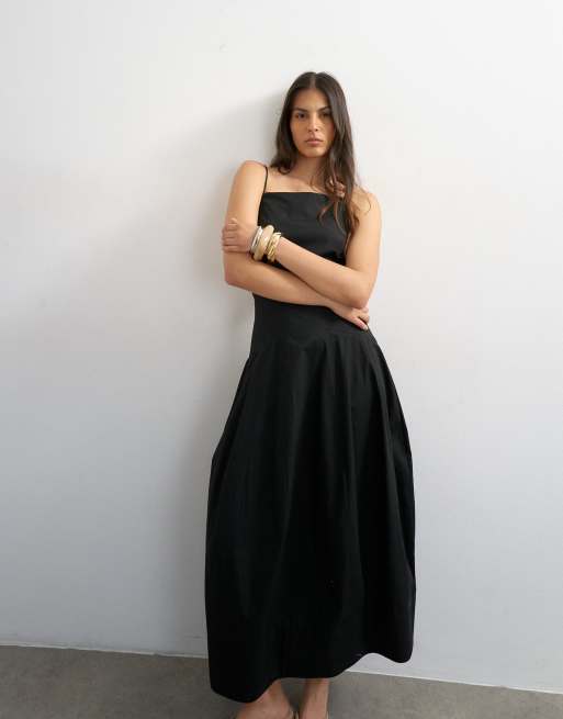 Topshop poplin square neck open back barrel midi sundress in black, 3 of 4
