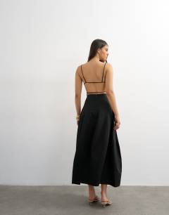 Model wearing Poplin square neck open back barrel midi sundress in black