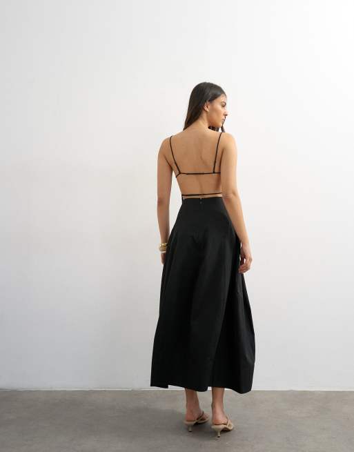 Topshop poplin square neck open back barrel midi sundress in black, 4 of 4