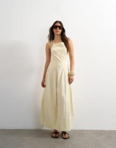Model wearing Poplin square neck open back barrel midi sundress in black