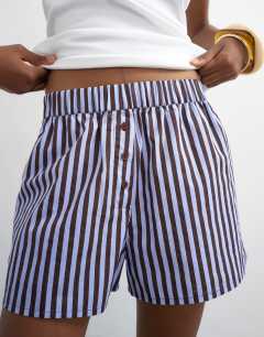 Model wearing Poplin stripe A line boxer short in blue and choc