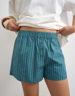 Model wearing Poplin stripe A line boxer short in blue and green stripe