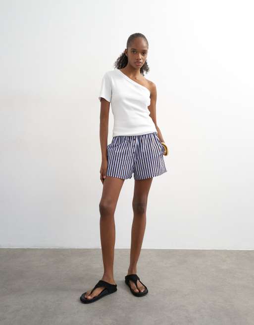 Topshop poplin stripe A line boxer shorts in blue and choc, 2 of 5