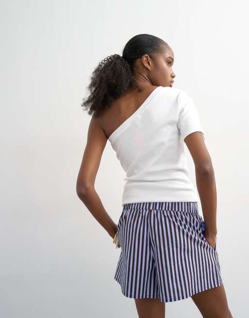 Topshop poplin stripe A line boxer shorts in blue and choc, 5 of 5