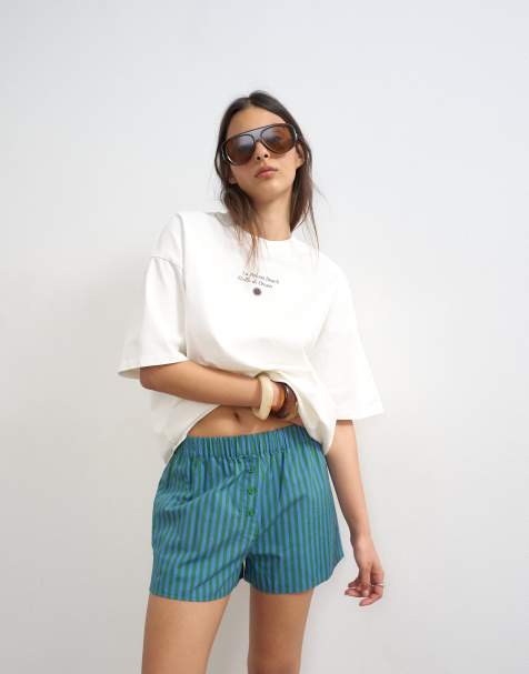 Topshop poplin stripe A line boxer shorts in blue and green stripe - view 1