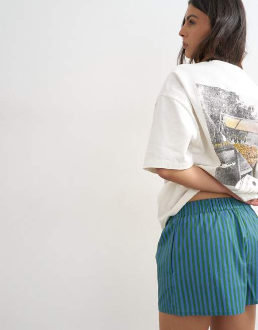 Topshop poplin stripe A line boxer shorts in blue and green stripe, 3 of 5