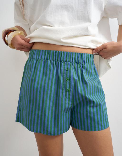 Topshop poplin stripe A line boxer shorts in blue and green stripe, 4 of 5
