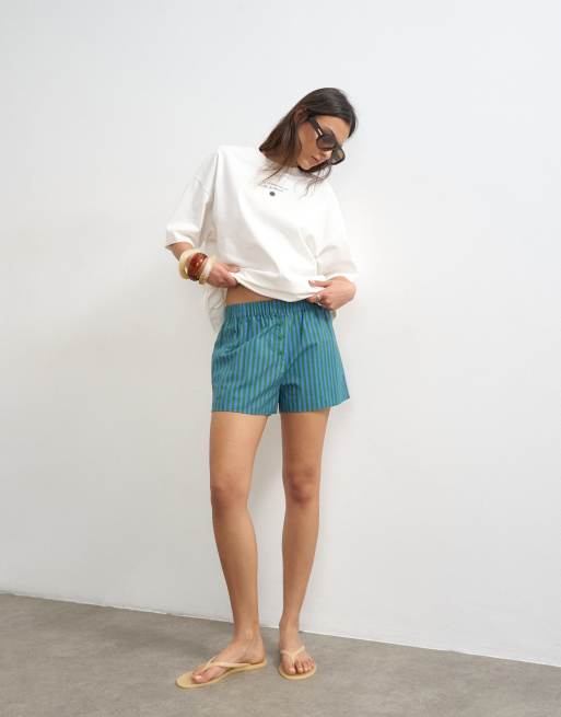 Topshop poplin stripe A line boxer shorts in blue and green stripe, 5 of 5