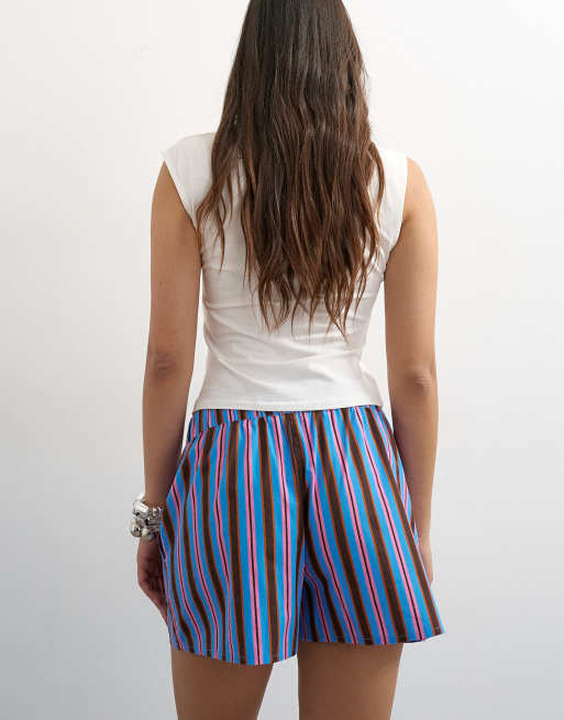Topshop poplin stripe A-line boxer shorts in pink and blue, 3 of 5