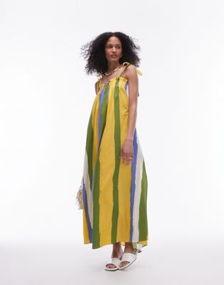 Topshop poplin stripe ruched bust maxi dress in yellow and green multi