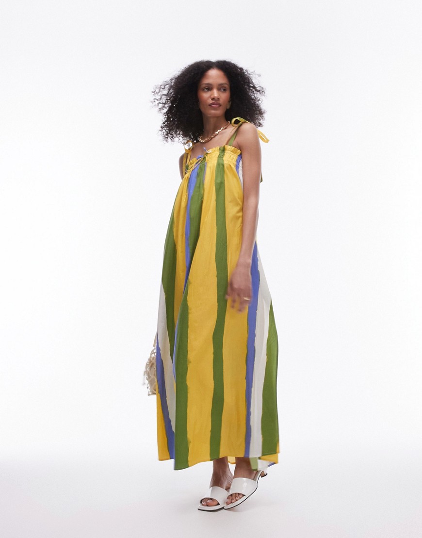 Topshop poplin stripe ruched bust maxi dress in yellow and green multi