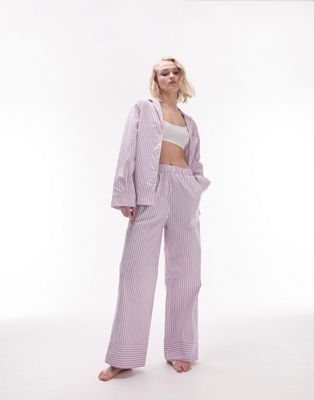 Topshop poplin stripe shirt and trouser pyjama set in pink and blue
