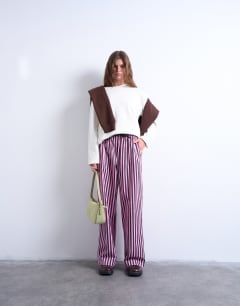 Poplin stripe straight leg trouser in pink and purple stripe