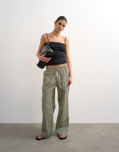 Poplin stripe wide leg pull on trouser in navy stripe