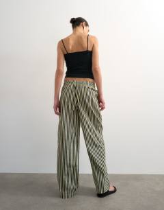 Model wearing Poplin stripe wide leg pull on trouser in navy stripe