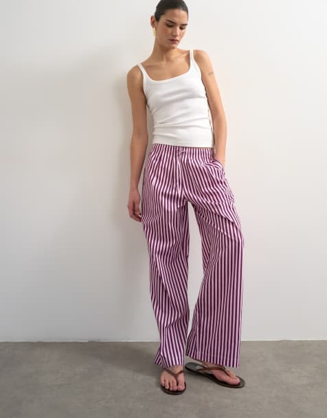 Topshop poplin stripe wide leg pull on trouser in pink stripe - view 1