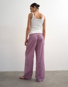 Model wearing Poplin stripe wide leg pull on trouser in pink stripe
