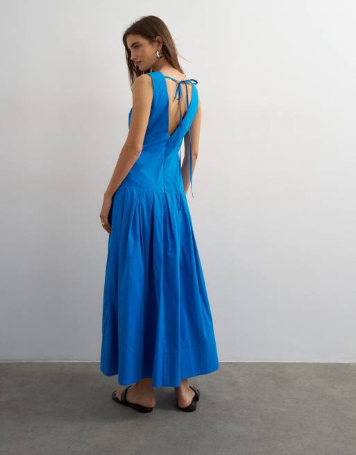 Topshop poplin structured dropped waist maxi dress in cobalt, 4 of 4