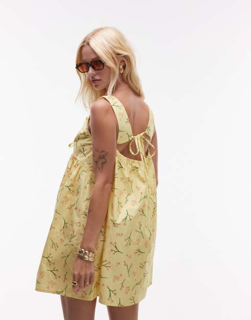 Topshop poplin sundress with gathered dress in yellow ditsy print