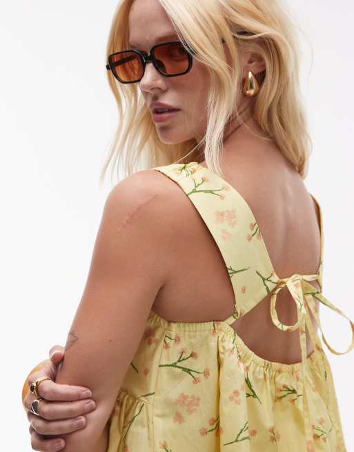 Topshop poplin sundress with gathered dress in yellow ditsy print