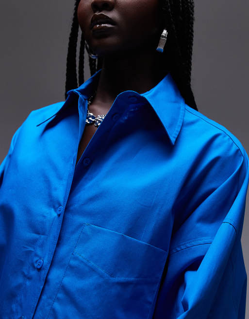 Topshop poplin super oversized shirt in cobalt, 3 of 4