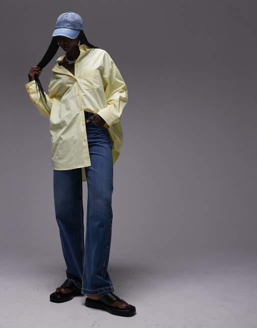 Topshop poplin super oversized shirt in lemon, 3 of 4