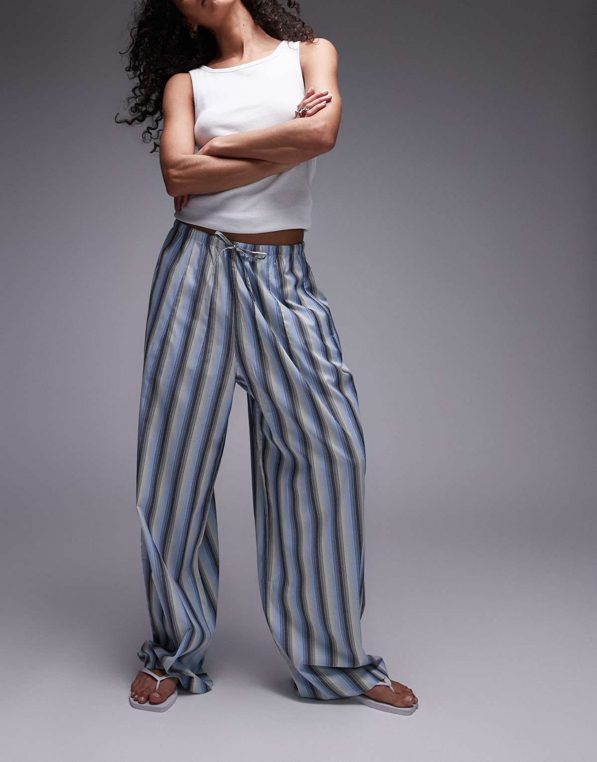 Topshop poplin tie waist stripe straight leg trouser in blue