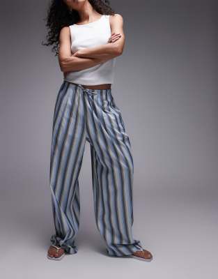 poplin tie waist striped straight leg pants in blue-Multi