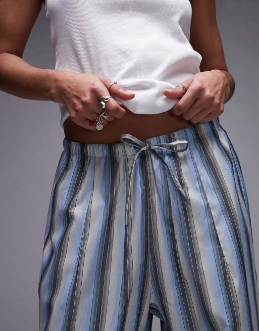 Topshop poplin tie waist striped straight leg pants in blue, 2 of 5