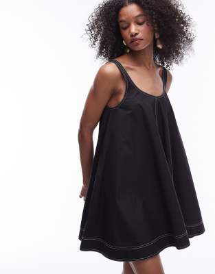  Topshop poplin trapeze mini dress with topstitch detail in black