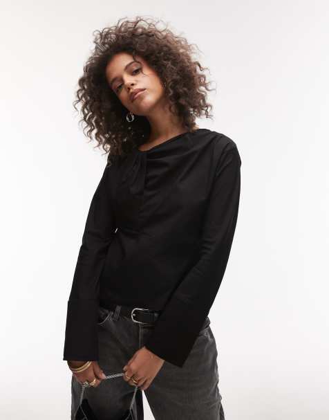 Topshop poplin twist front top in black - view 1