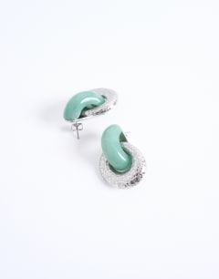 Model wearing Poppi door knocker earring with semi precious stone in silver